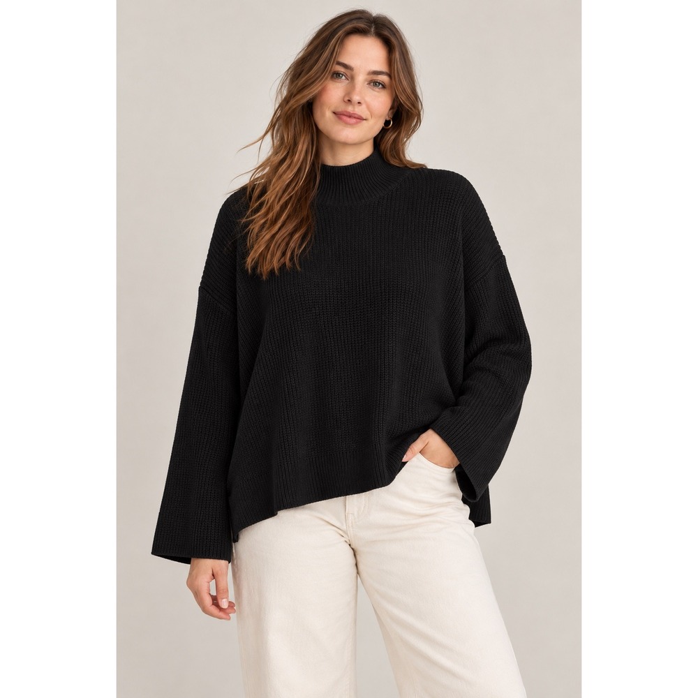 H&M Black Mock Neck Wool Blend Ribbed Knit Sweater, Large